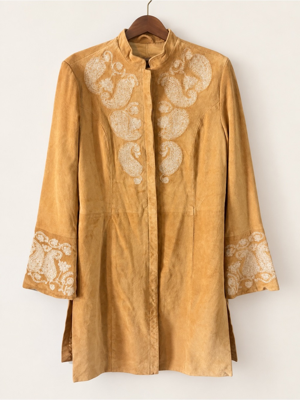 Vintage Terry Lewis Classic Luxuries Camel Embroidered Suede Leather Coat XS